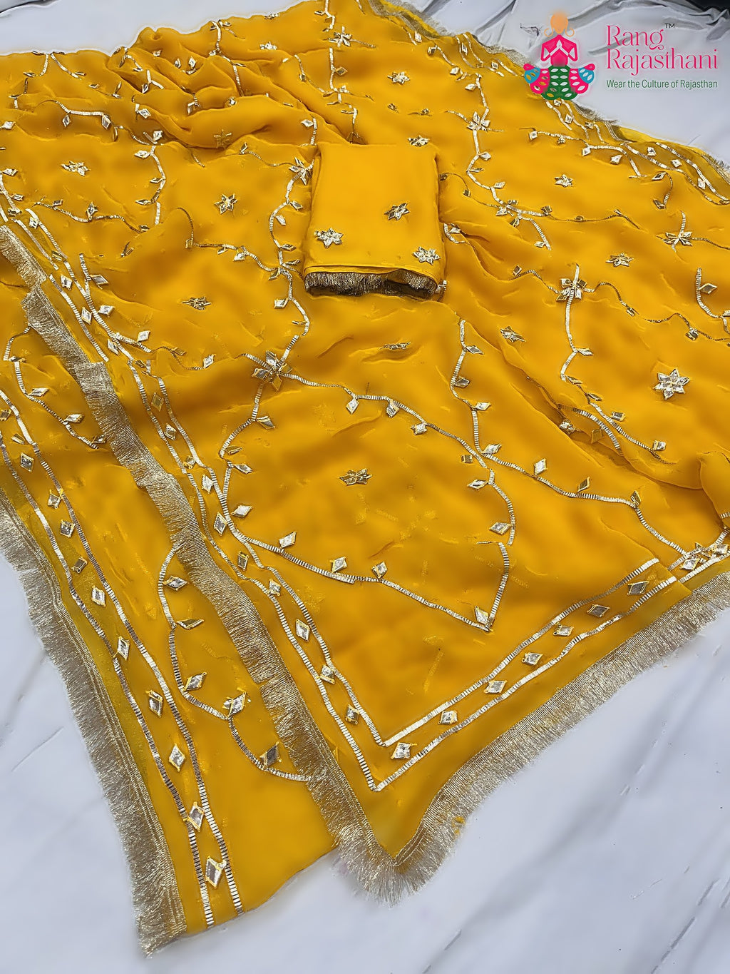 yellow pure chiffon gota patti saree  for haldi ceremony by Rang Rajasthani