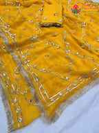 close up detailing of yellow pure chiffon gota patti saree 