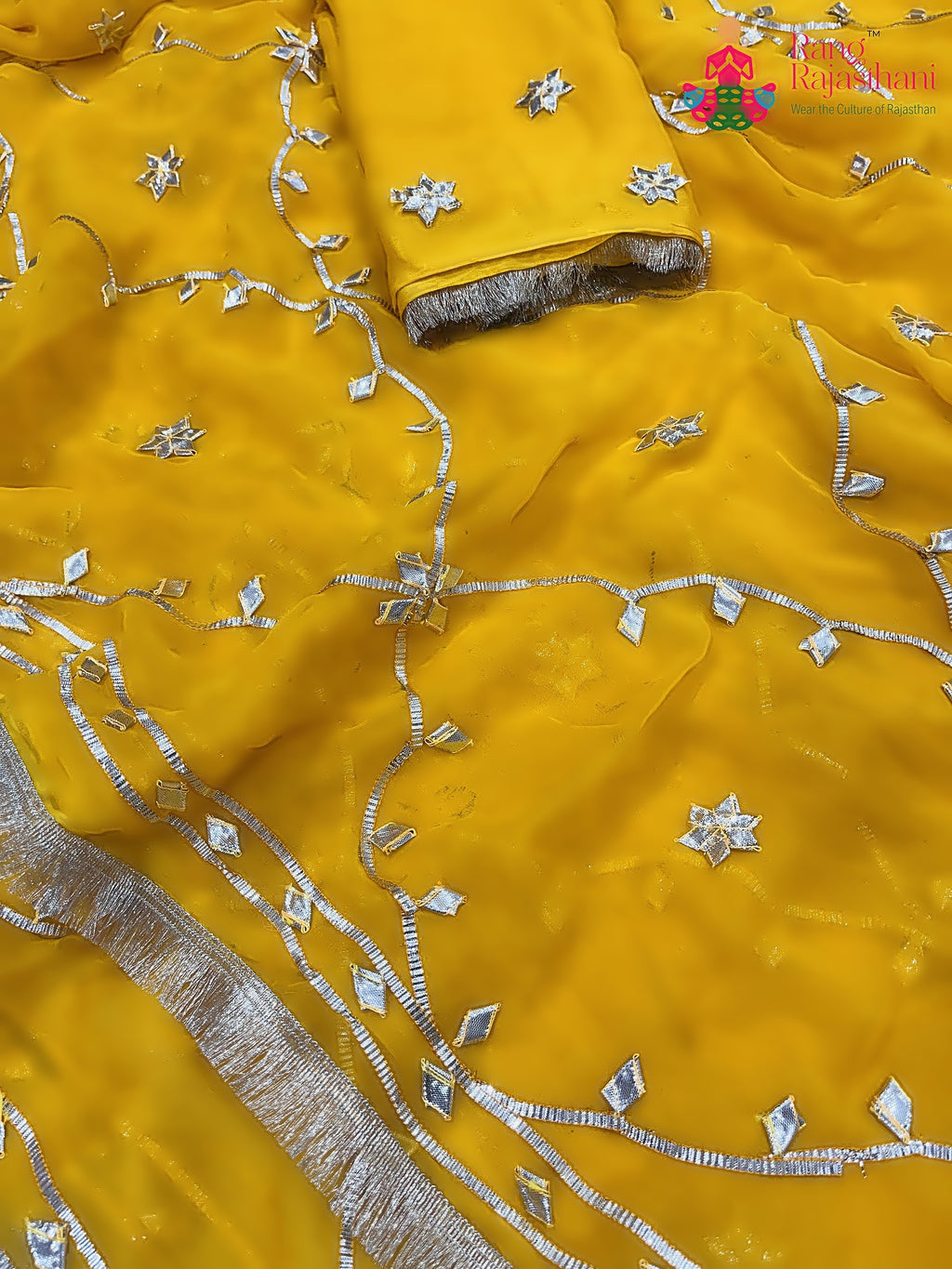 pallu detailing of yellow pure chiffon gota patti saree 