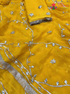 pallu detailing of yellow pure chiffon gota patti saree 