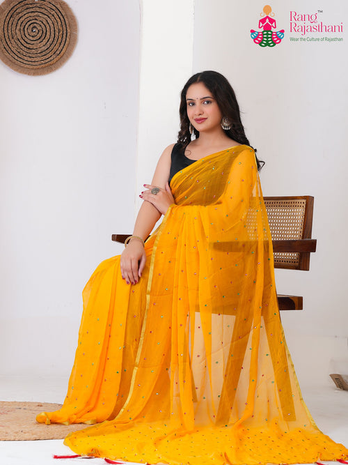 Yellow Pure Chiffon Mirror Saree for Haldi Ceremony | Signature Edit main-image