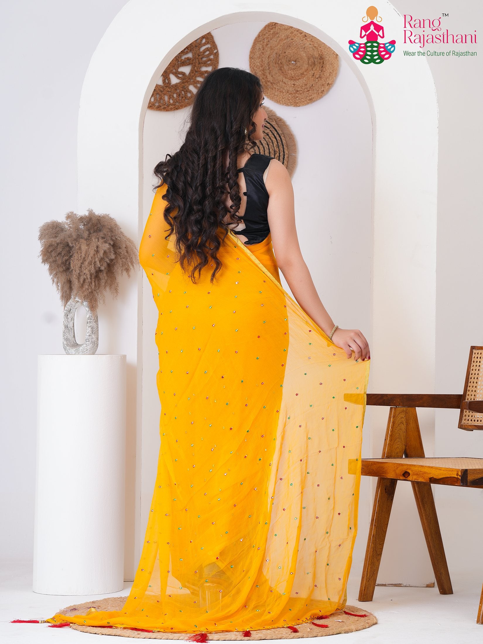 Yellow PureChiffon saree with Mirror back view