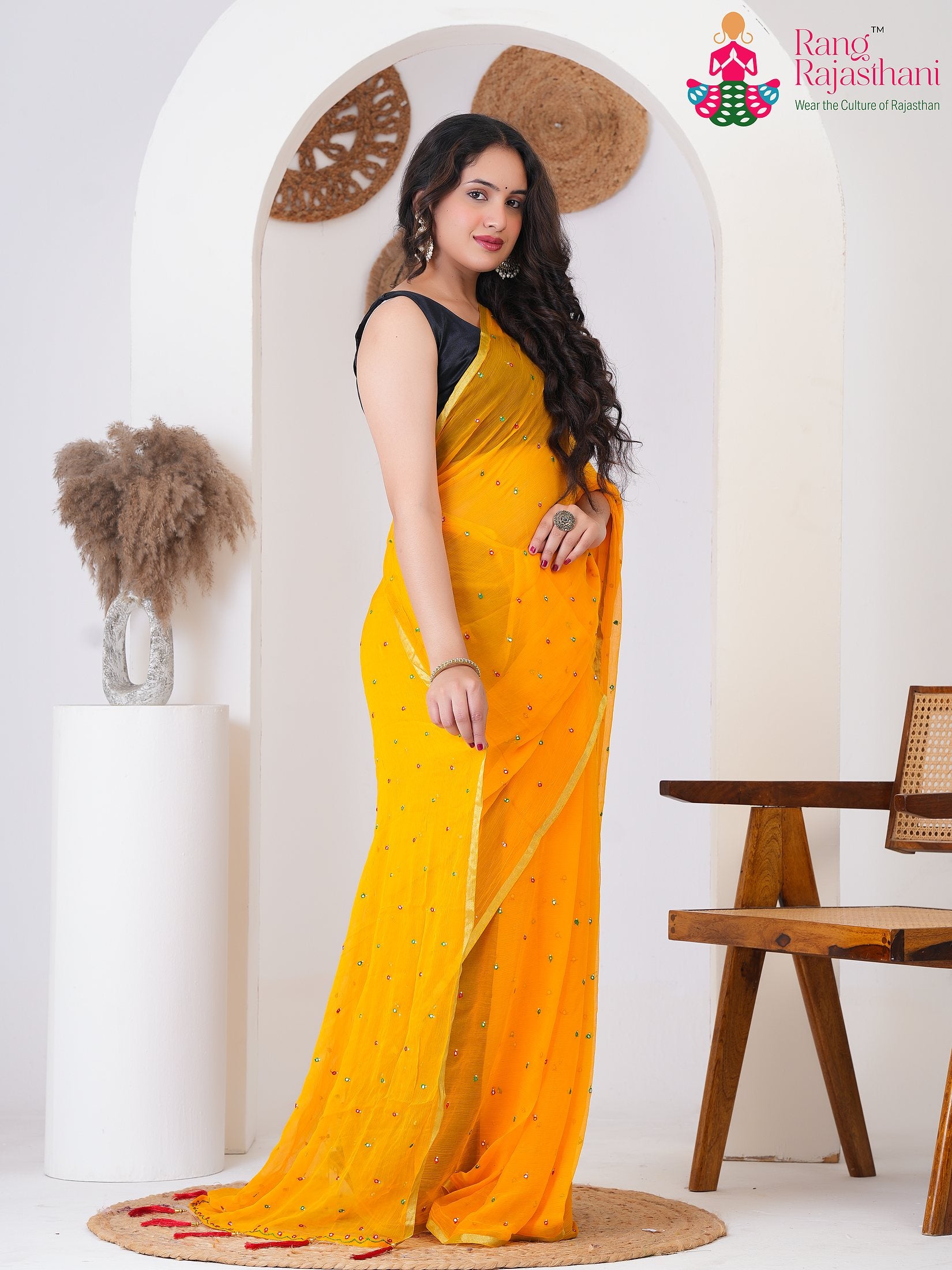 Yellow PureChiffon saree with Mirror side drape view