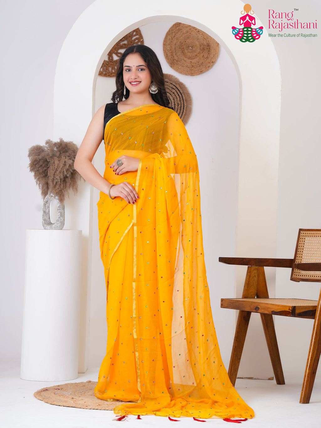 Yellow PureChiffon Haldi saree with Mirror from Rang Rajasthani