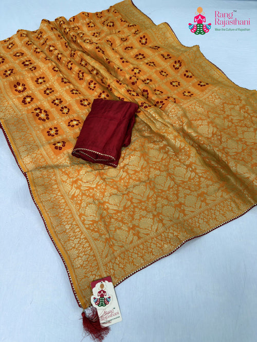 Yellow Pure Dola Silk Bandhani Saree : Fresh Ease main-image