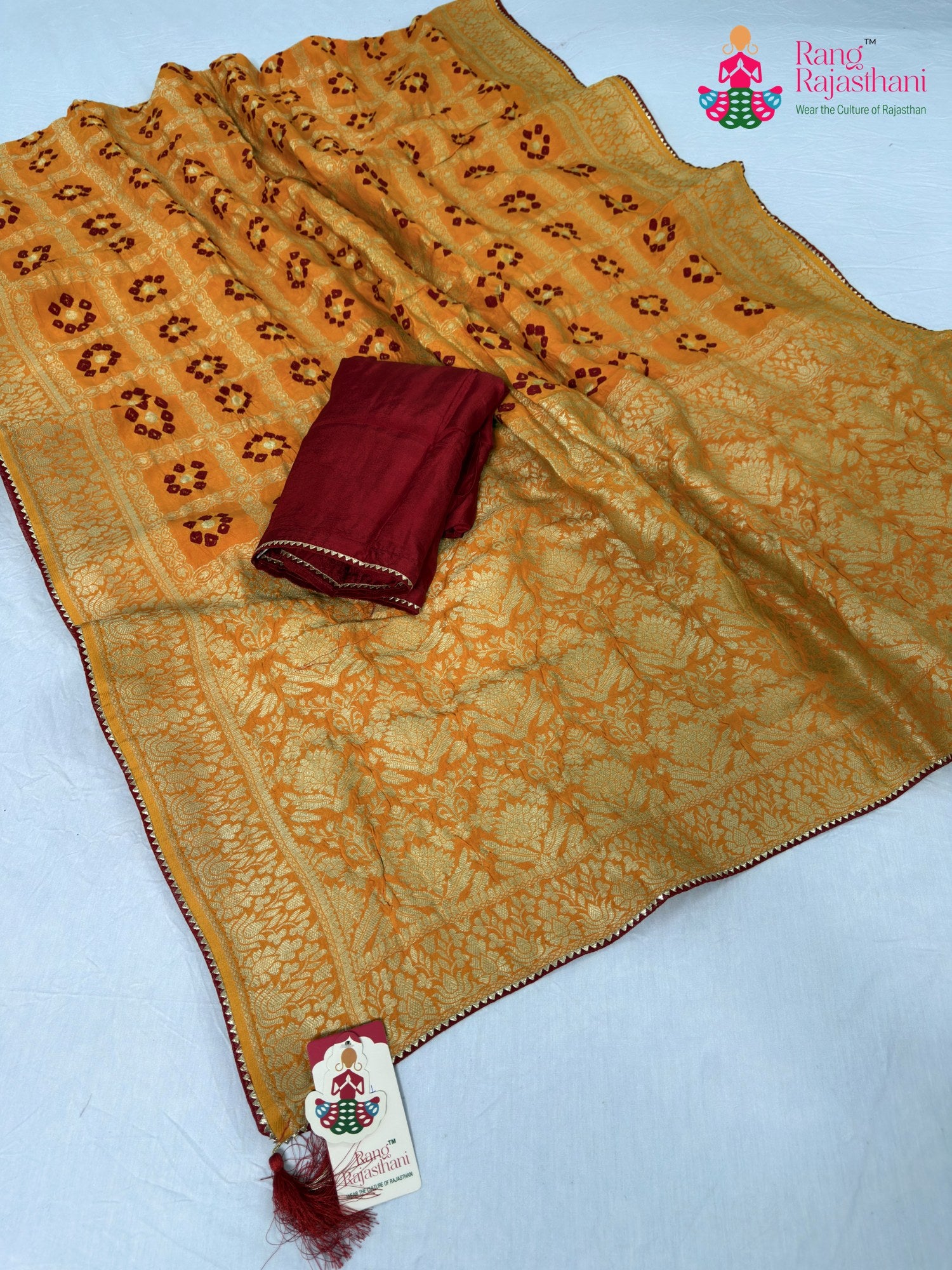 complete look of yellow pure dola silk bandhani saree