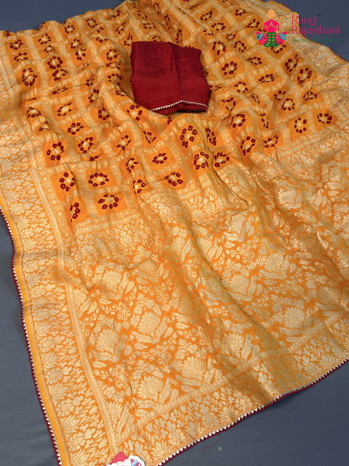 Yellow Pure Dola Silk Bandhani Saree for Motherhood Ceremony | Shop Now main-image