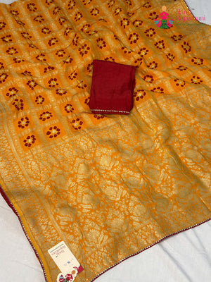Yellow Pure Dola Silk Bandhani Gharchola Saree for Haldi Ceremony | Heritage Weave