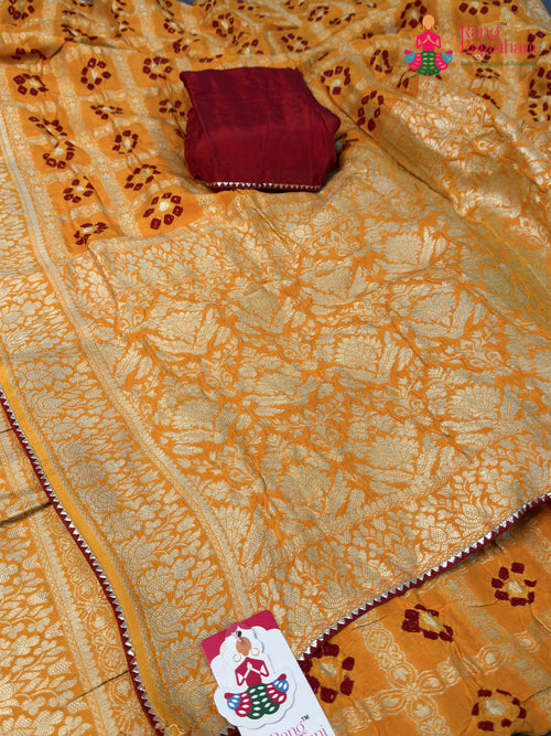 Yellow Pure Dola Silk Bandhani Saree for Motherhood Ceremony | Shop Now main-image