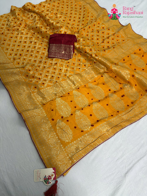 Yellow Pure Dola Silk Bandhani Saree : Ease Grace main-image