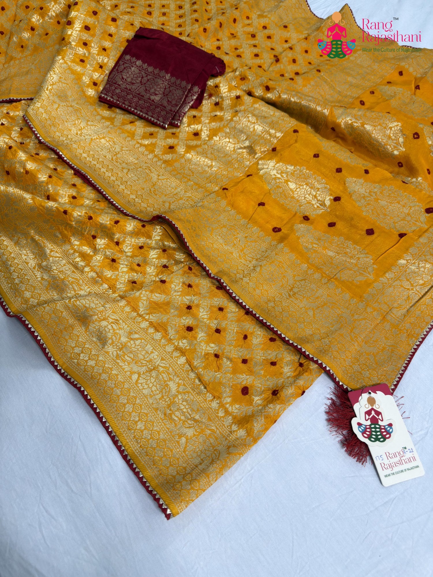 complete look of yellow pure dola silk bandhani saree