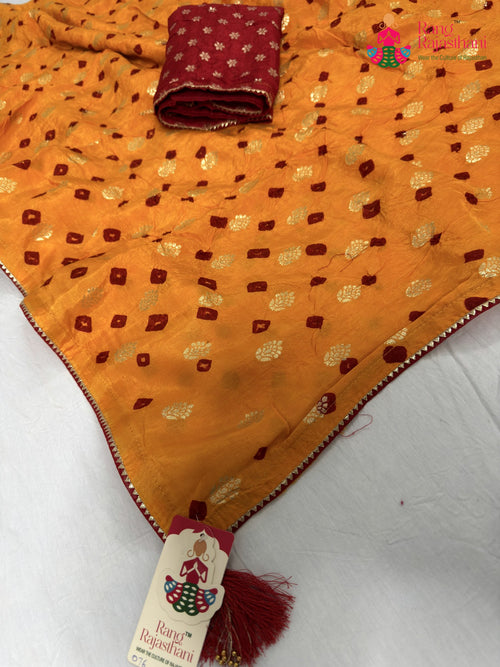 Yellow Pure Dola Silk Bandhani Saree : Easy Flow main-image