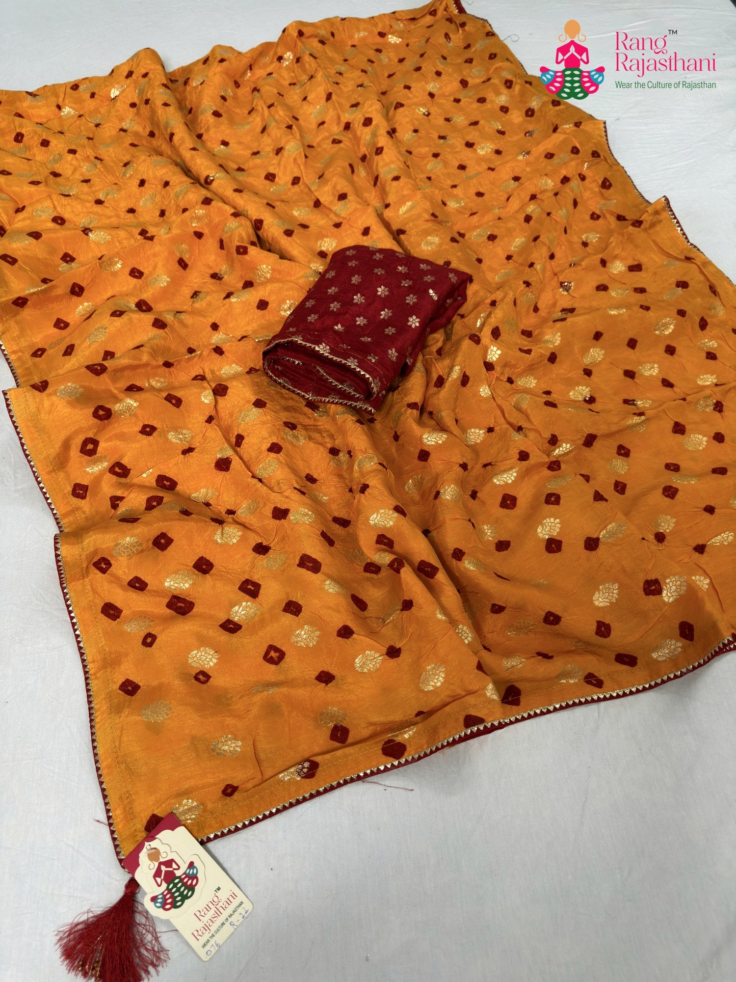 pallu detailing of yellow pure dola silk bandhani saree