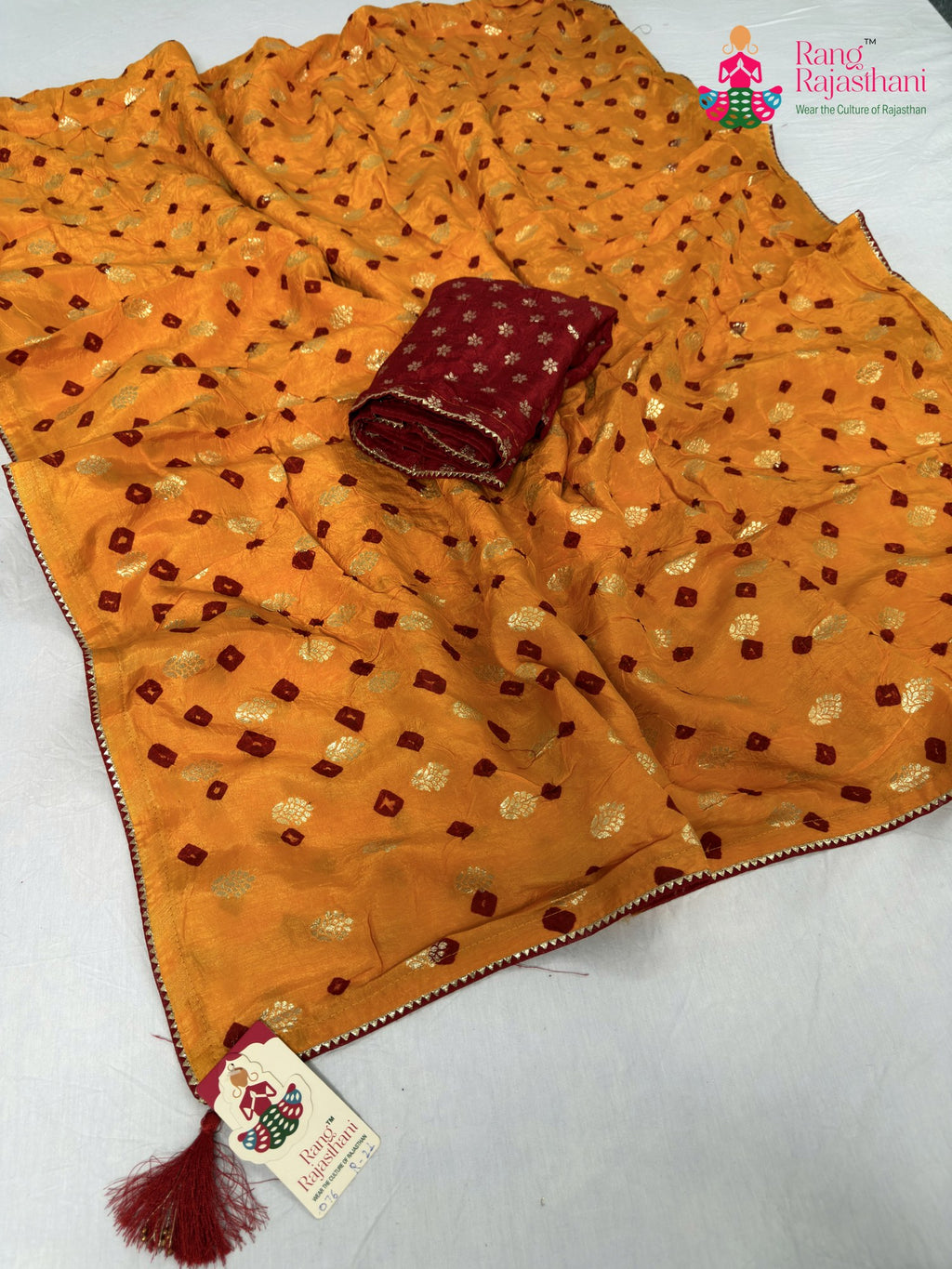 complete look of yellow pure dola silk bandhani saree