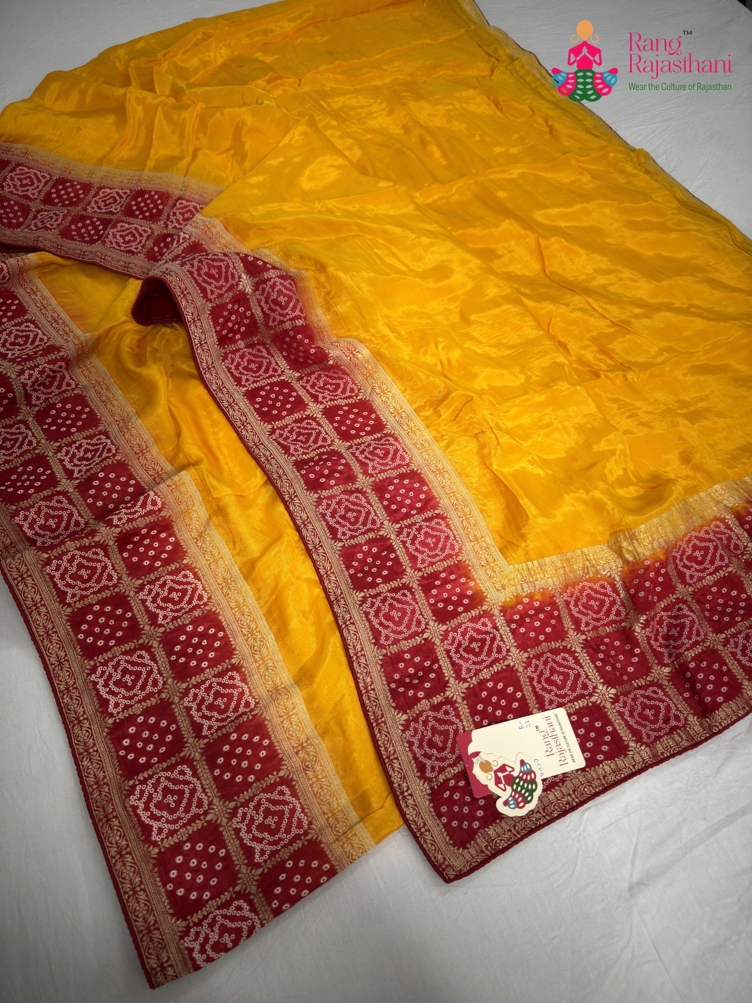 pallu detailing of yellow pure russian silk banarasi zari weave saree