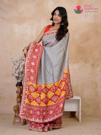 pallu detailing of yellow pure russian silk gota patti saree