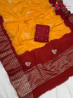 yellow russian silk hand embellishment pila saree ethnic wear by Rang Rajasthani
