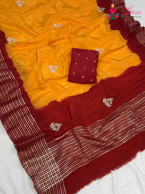 Yellow Pure Russian Silk Hand Embellishment Pila Saree for Motherhood Ceremony | Bridal Edit