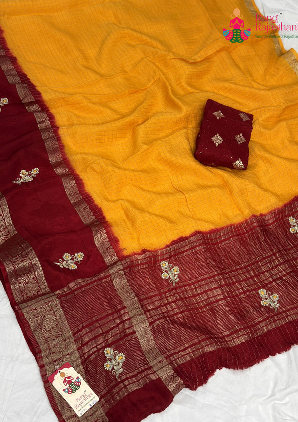 Yellow Pure Russian Silk Hand Embellishment Pila Saree for Motherhood Ceremony | Wedding Ready