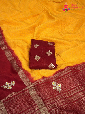 Yellow Pure Russian Silk Hand Embellishment Pila Saree for Motherhood Ceremony | Wedding Ready