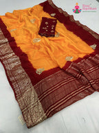 yellow pure russian silk hand embellishment saree for motherhood ceremony by Rang Rajasthani