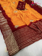 pallu detailing of yellow pure russian silk hand embellishment saree