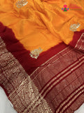 close up detailing of yellow pure russian silk hand embellishment saree