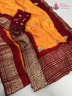complete look of yellow pure russian silk hand embellishment saree