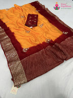 yellow pure russian silk hand embellishment saree for motherhood ceremony by Rang Rajasthani