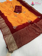 pallu detailing of yellow pure russian silk hand embellishment saree