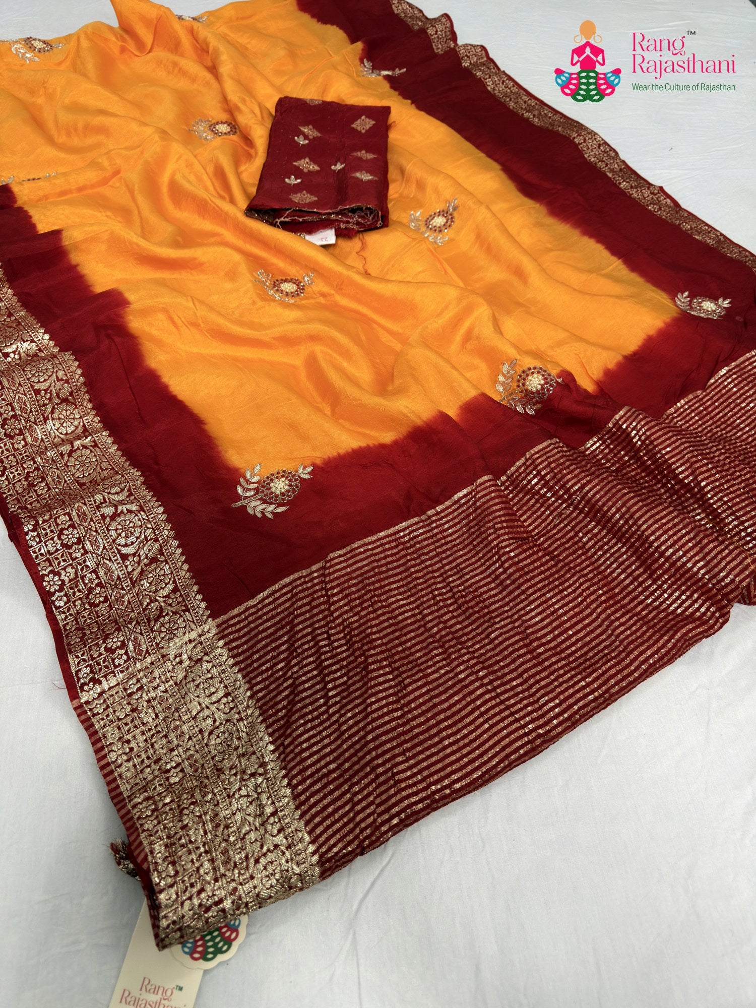 pallu detailing of yellow pure russian silk hand embellishment saree