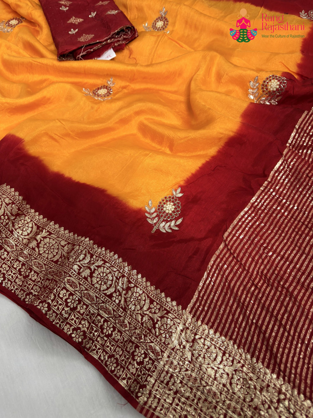 close up detailing of yellow pure russian silk hand embellishment saree
