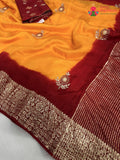 close up detailing of yellow pure russian silk hand embellishment saree