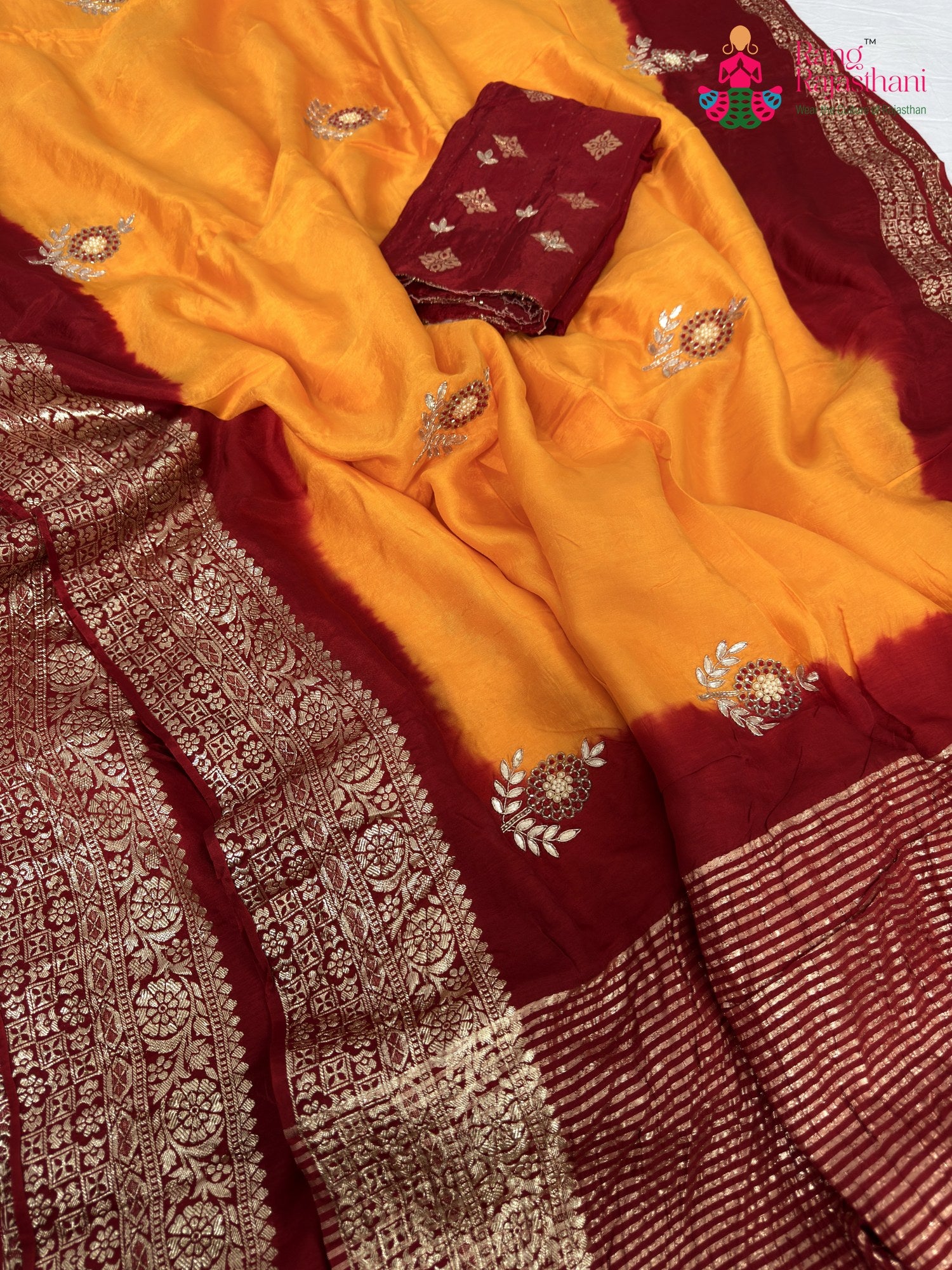 complete look of yellow pure russian silk hand embellishment saree
