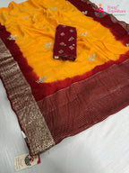 yellow pure russian silk hand embellishment saree for motherhood ceremony by Rang Rajasthani