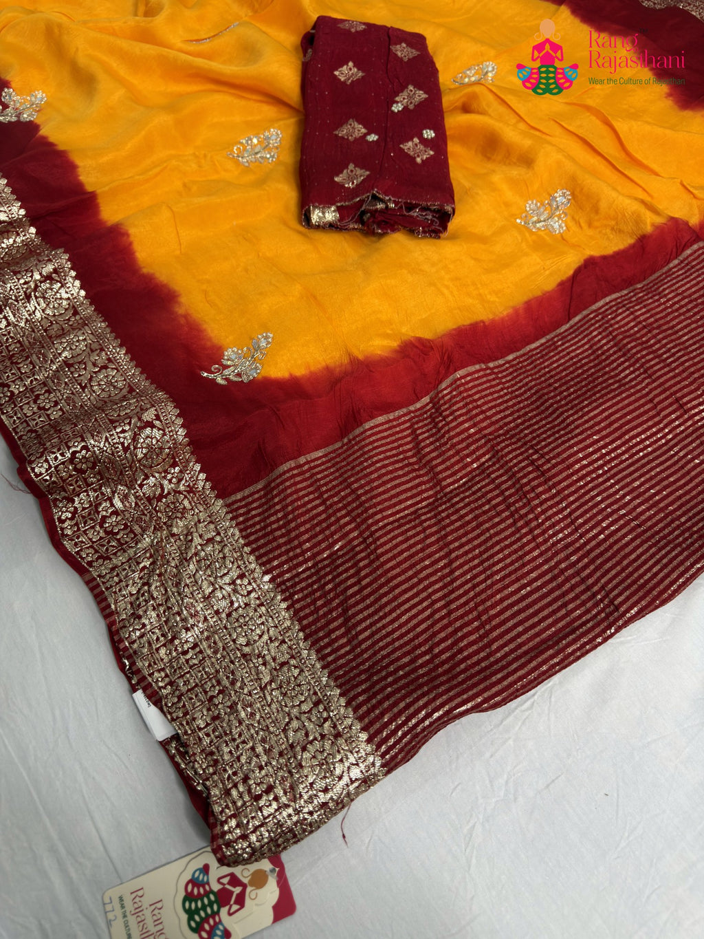 pallu detailing of yellow pure russian silk hand embellishment saree
