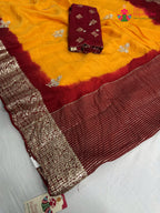 pallu detailing of yellow pure russian silk hand embellishment saree