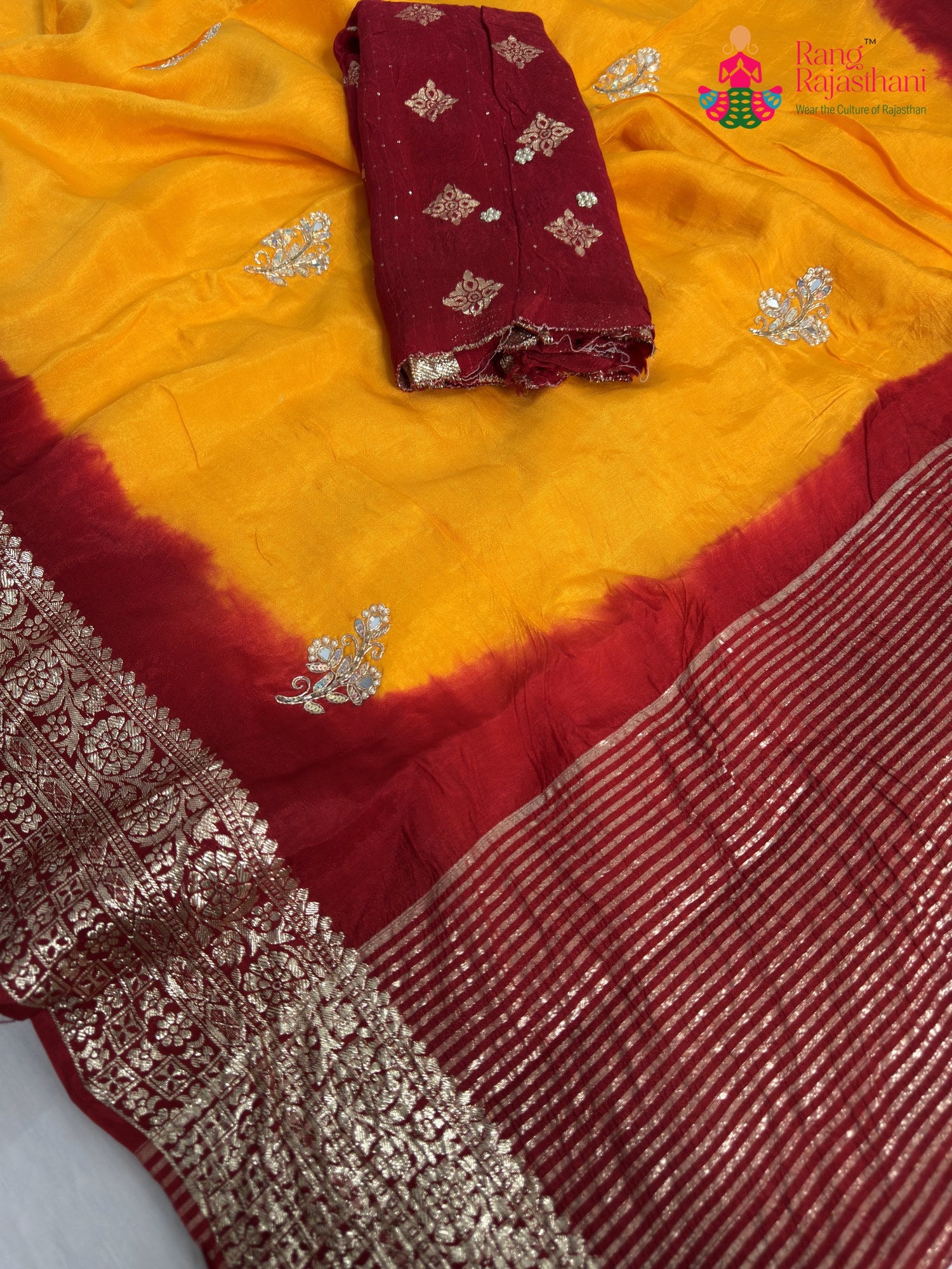 close up detailing of yellow pure russian silk hand embellishment saree