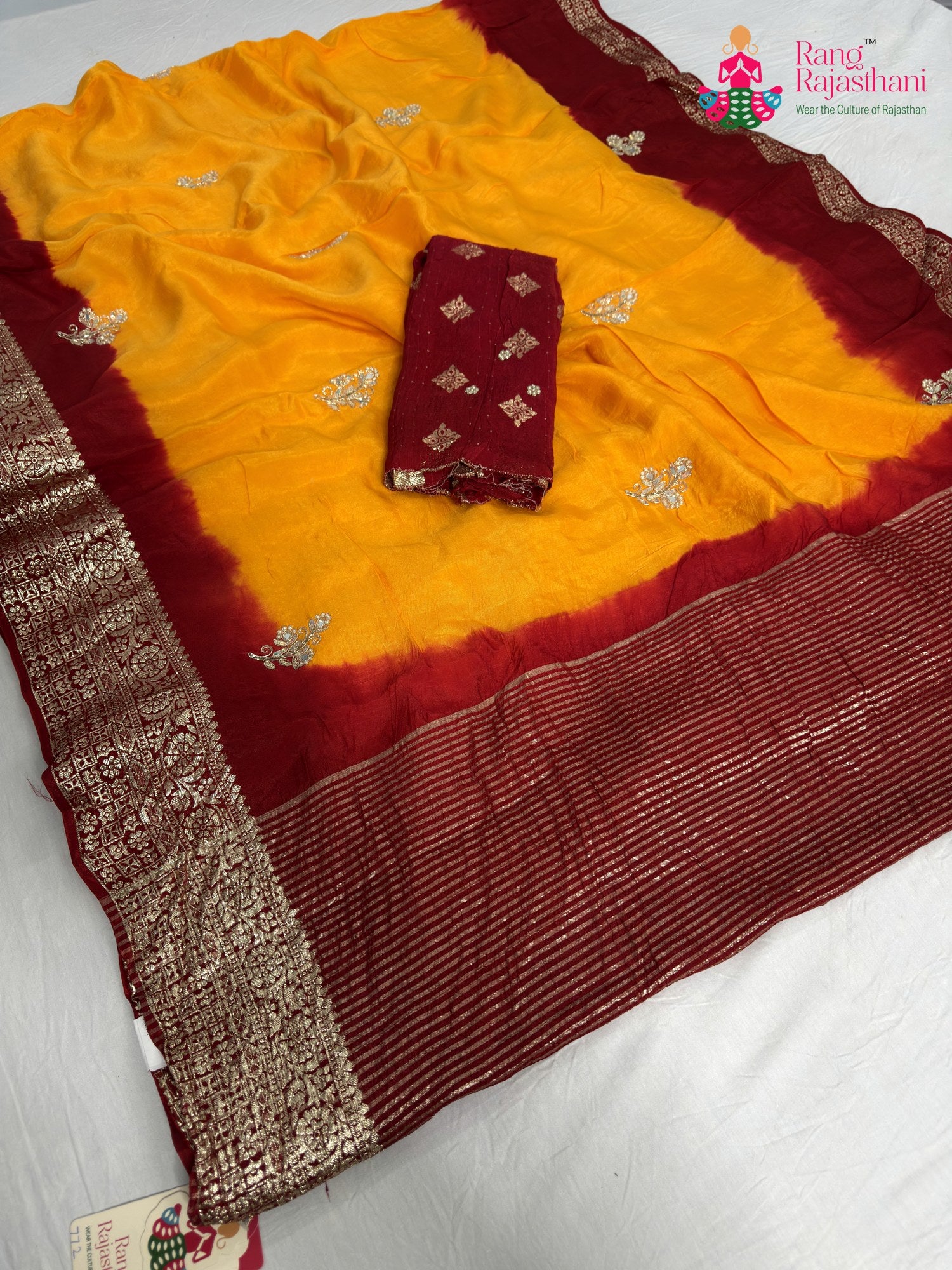 complete look of yellow pure russian silk hand embellishment saree