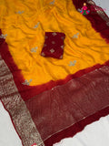 Yellow Pure Russian Silk Hand Embellishment Pila Saree for Motherhood Ceremony | Wedding Pick