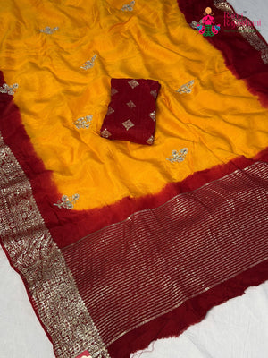 Yellow Pure Russian Silk Hand Embellishment Pila Saree for Motherhood Ceremony | Wedding Pick