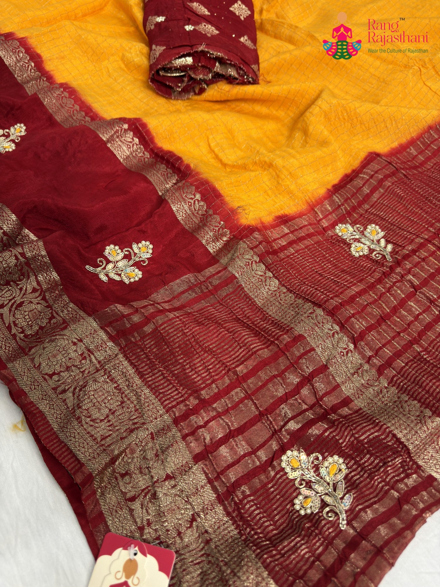 pallu detailing of yellow pure russian silk hand embellishment saree