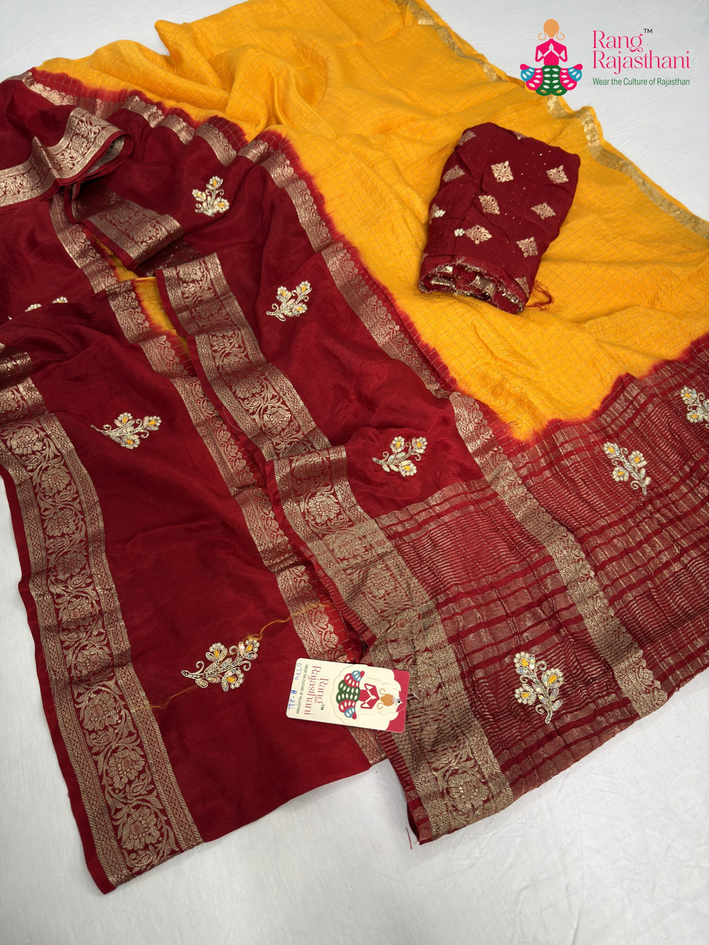 complete look of yellow pure russian silk hand embellishment saree