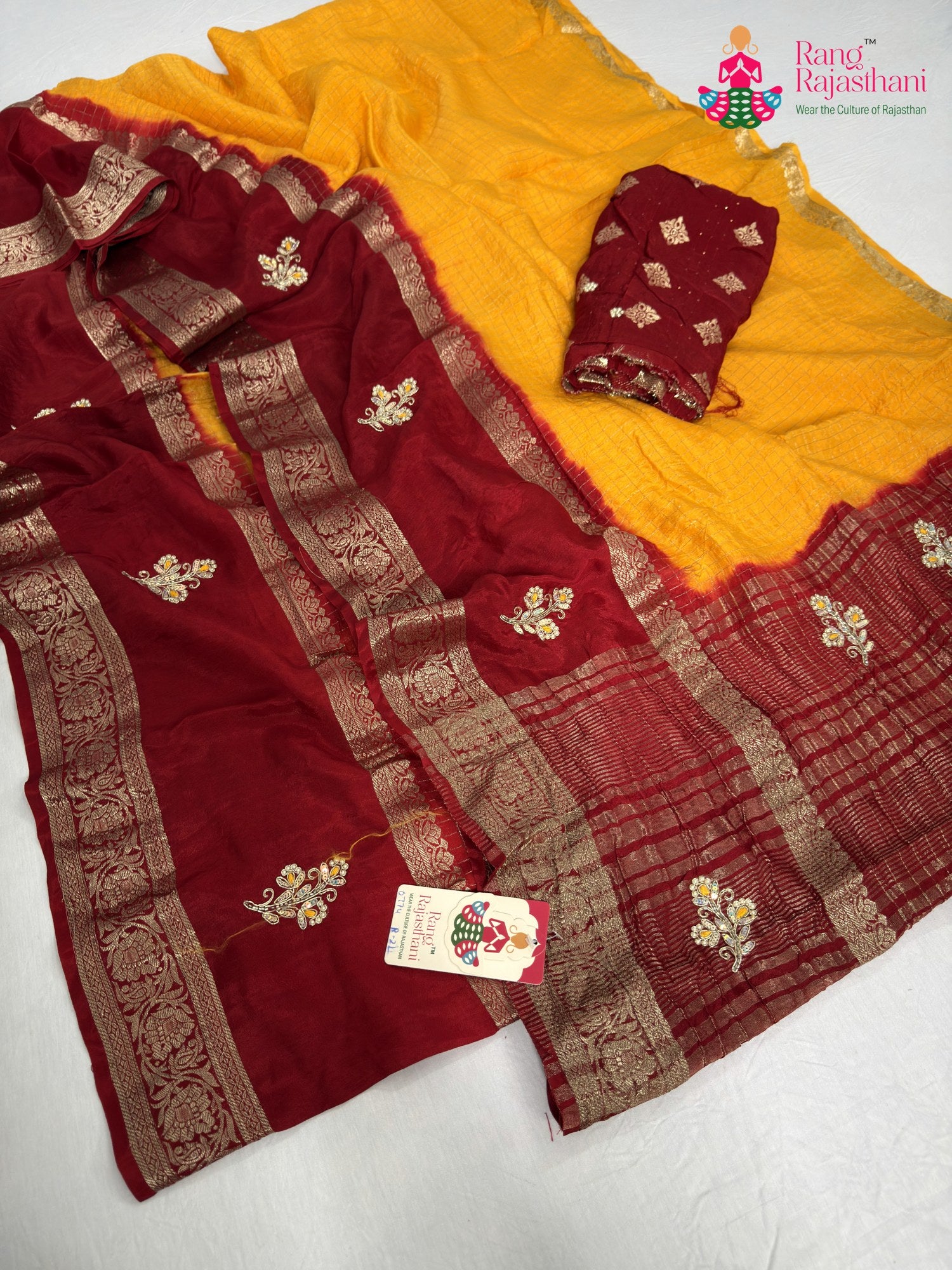 complete look of yellow pure russian silk hand embellishment saree