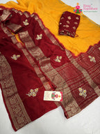 border detailing of yellow pure russian silk hand embellishment saree