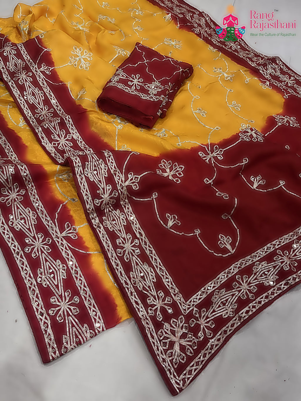 close up detailing of yellow pure upada silk gota patti saree 