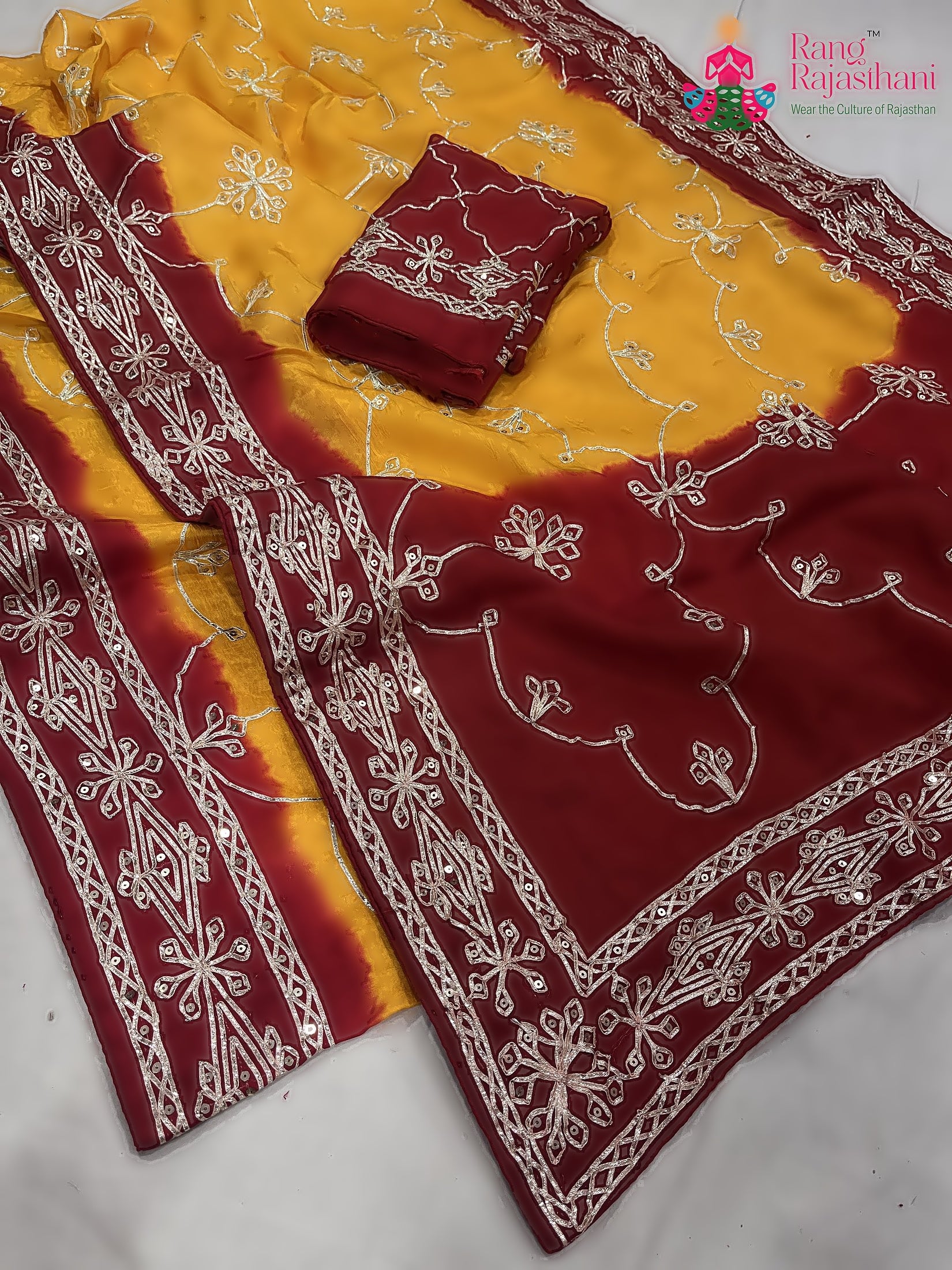 Yellow Pure Upada Silk Gota Patti Work Saree : Bright Grace