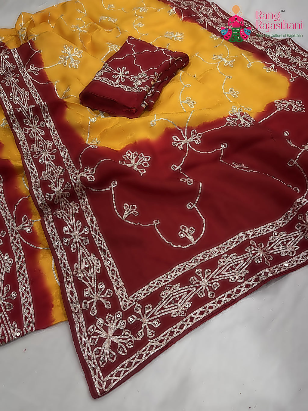pallu detailing of yellow pure upada silk gota patti saree 