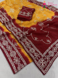 yellow pure upada silk gota patti saree for motherhood ceremony by Rang Rajasthani