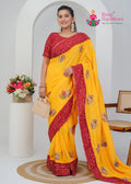 Yellow / Red Soft Synthetic Silk Party saree with Zari and Figure Work from Rang Rajasthani